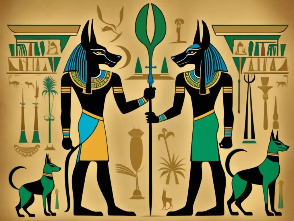 Una imagen vintage detallada que muestra a los dioses egipcios Anubis y Osiris