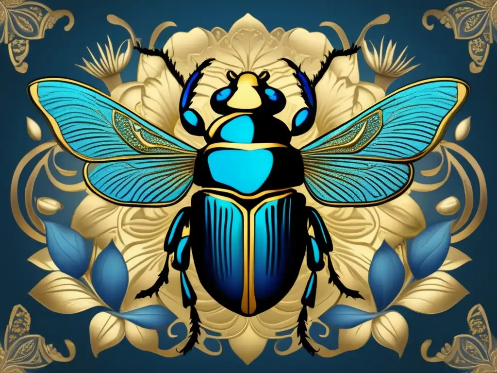 Una imagen vintage detallada de un hermoso escarabajo dorado descansando sobre flores de loto azules brillantes