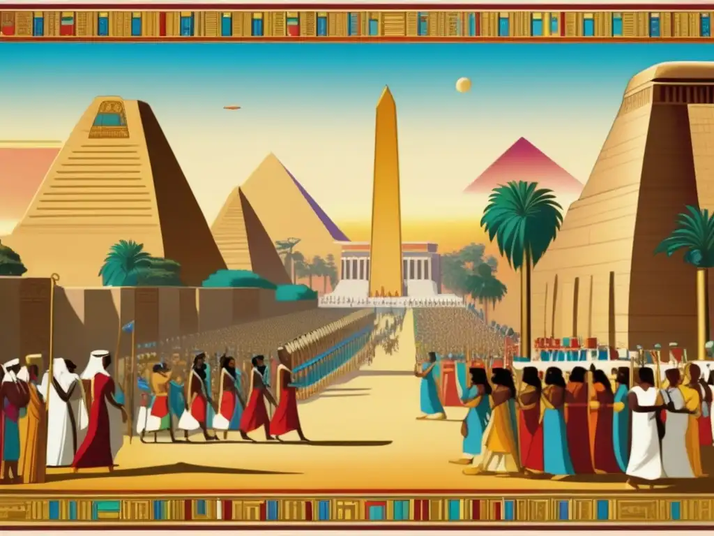 Una imagen vintage detallada de la majestuosa ciudad antigua de Memphis en Egipto, con sus templos imponentes, estatuas intrincadas y calles animadas