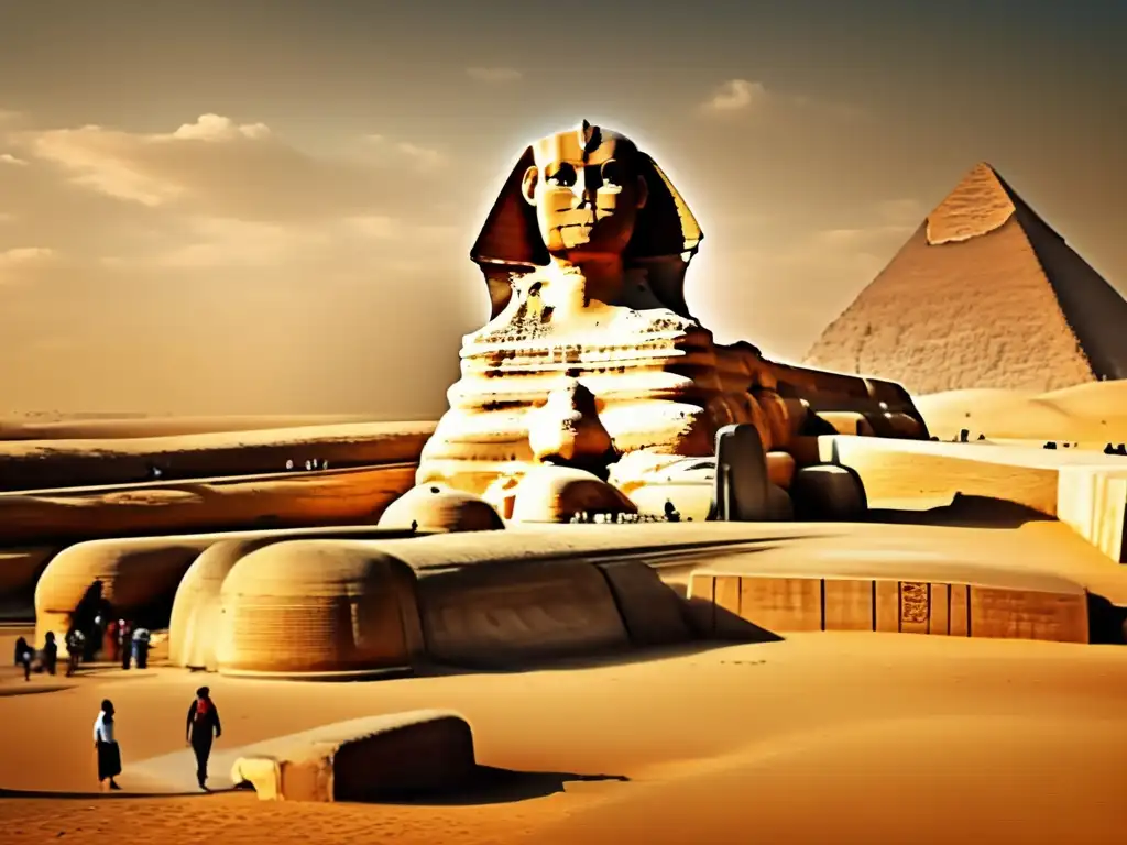 Una imagen vintage detallada de la majestuosa Gran Esfinge de Giza con la icónica Segunda Pirámide de Giza al fondo