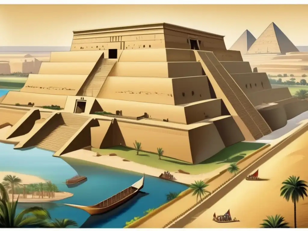 Una imagen vintage detallada muestra la majestuosidad de la fortaleza egipcia antigua de Buhen a lo largo del río Nilo