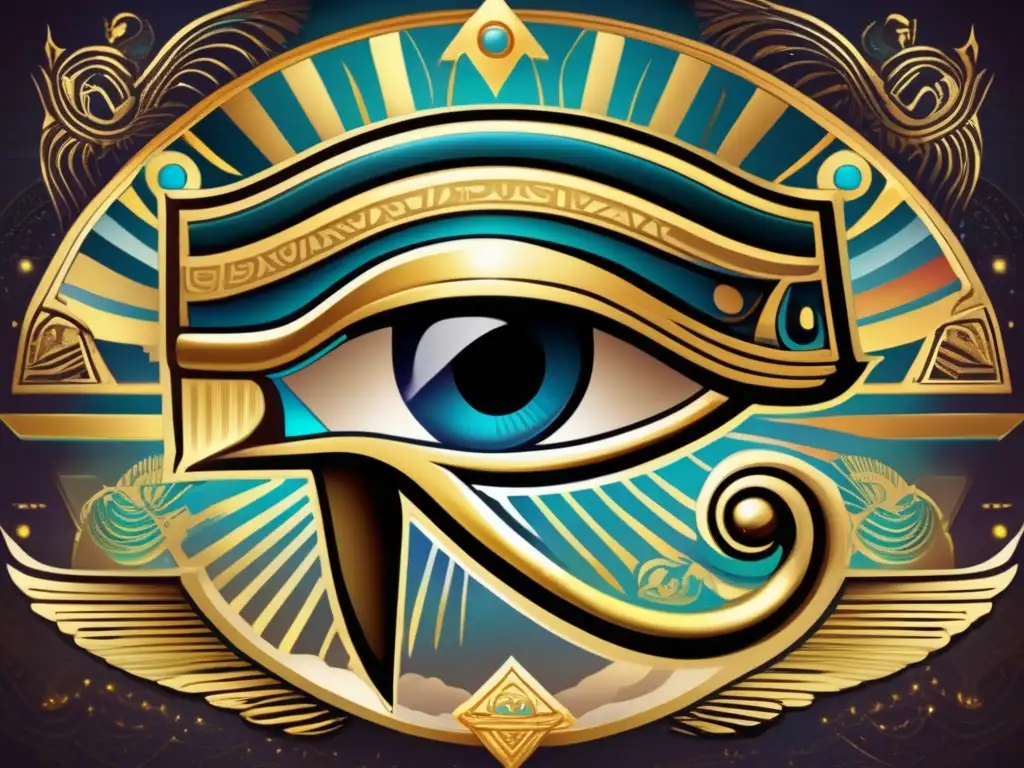 Una imagen vintage detallada del Ojo de Horus, con colores vibrantes y detalles en oro