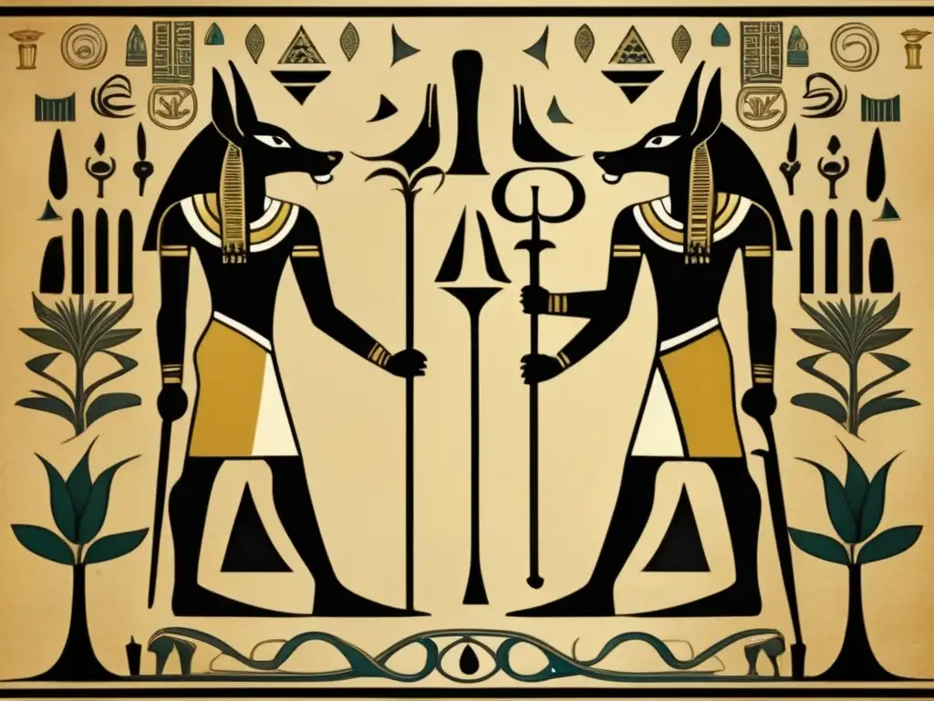 Una imagen vintage detallada que muestra los símbolos entrelazados de Anubis y Osiris en jeroglíficos egipcios antiguos