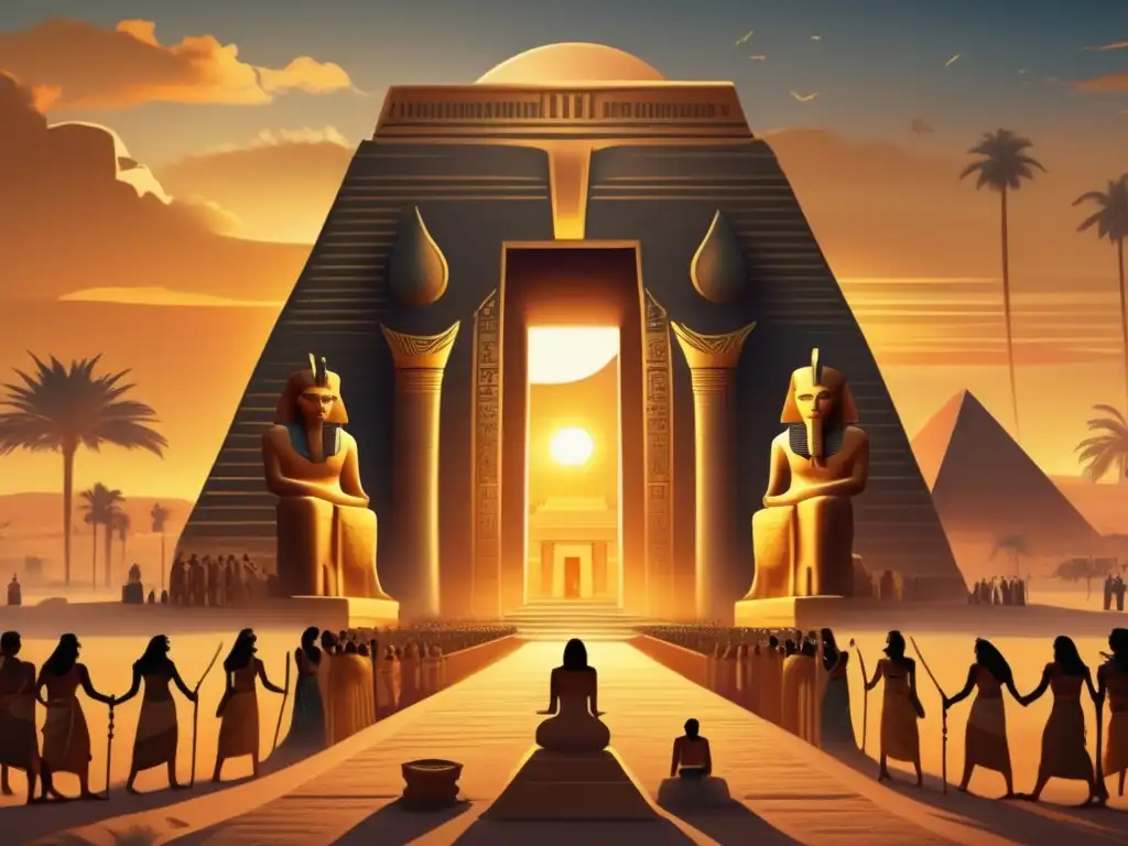 Una imagen vintage detallada de un templo egipcio místico al atardecer