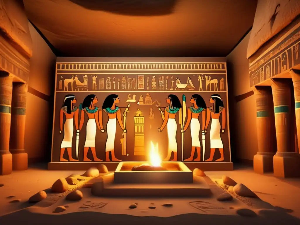 Una imagen 8K vintage detallada de una tumba egipcia antigua iluminada por antorchas revela una escena arqueológica impresionante
