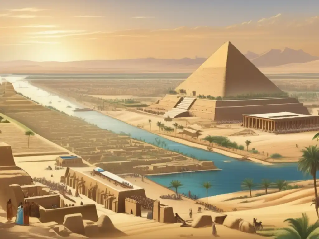 Una imagen vintage detallada que muestra la vibrante vida de la antigua ciudad egipcia de Tebas a lo largo del majestuoso río Nilo