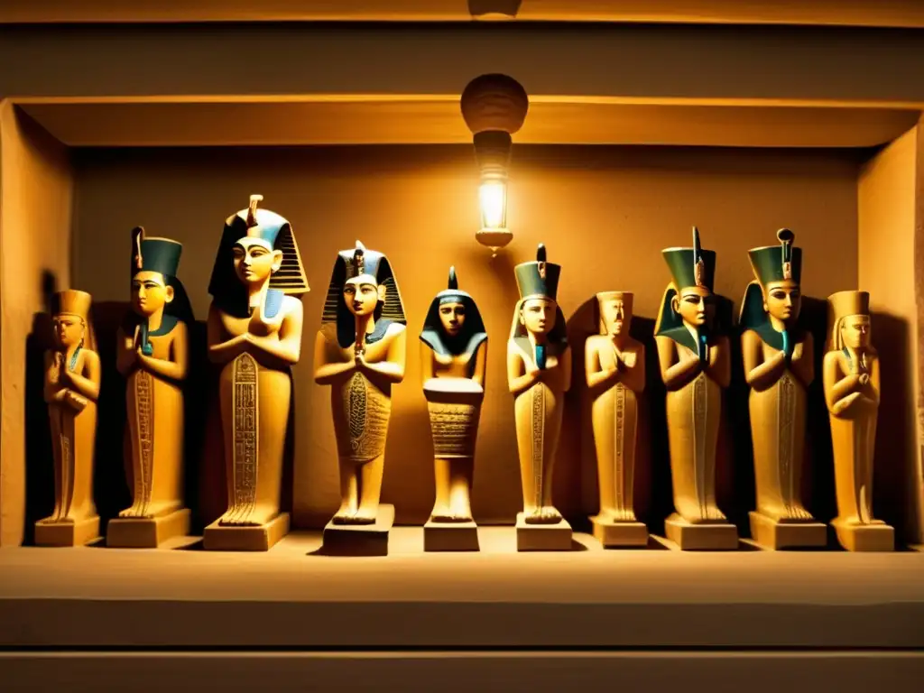 Una imagen vintage que muestra estatuas ushebti en una tumba egipcia