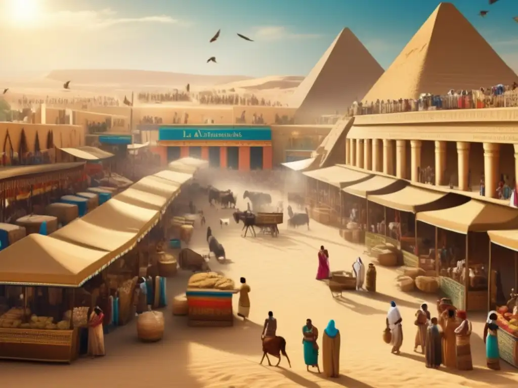 Una imagen vintage exquisita muestra un animado mercado en el antiguo Egipto