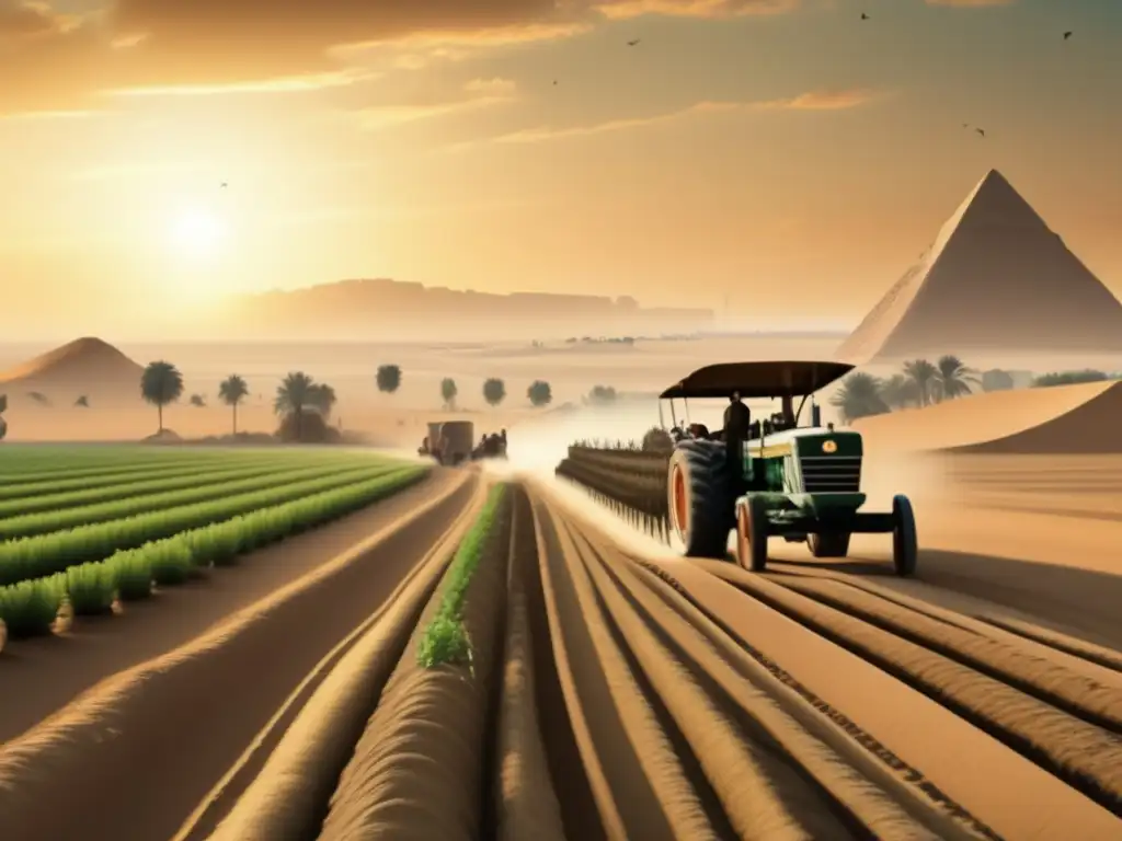 Una imagen vintage que muestra un extenso campo agrícola en Egipto durante la Revolución Agrícola