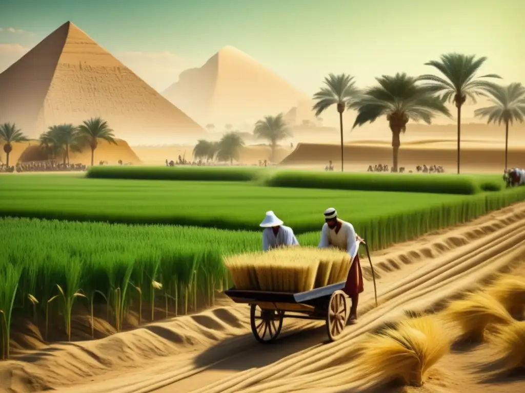 Una imagen vintage que muestra un exuberante campo verde en el antiguo Egipto durante la Revolución agrícola del período Dinástico Temprano