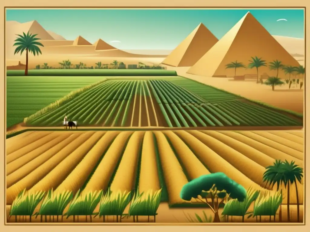Una imagen vintage de una exuberante paisaje agrícola en el antiguo Egipto durante el Reino Medio