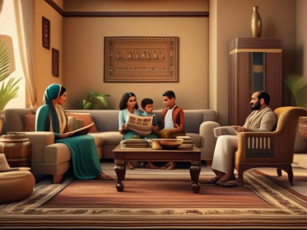 Una imagen vintage muestra una familia egipcia en su hogar, revelando la influencia política en su vida familiar en Egipto