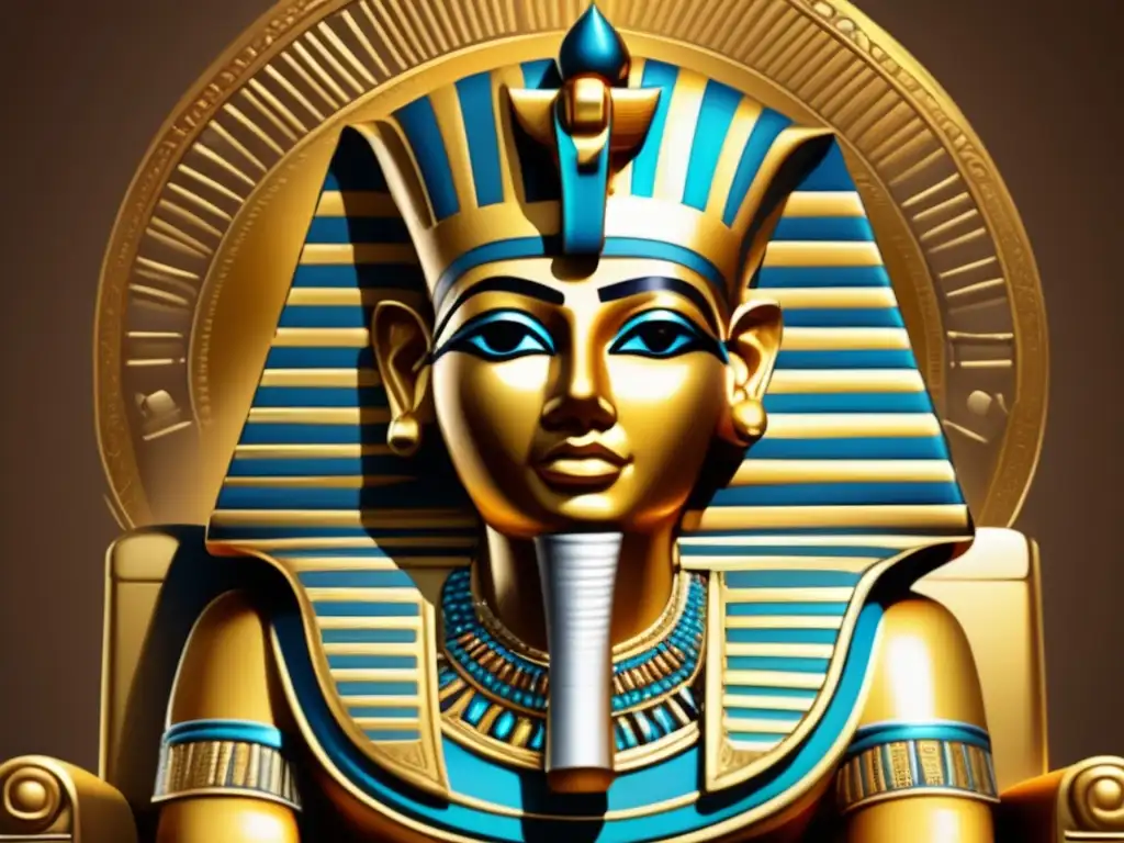 Imagen vintage de un faraón egipcio majestuoso en su trono dorado, con un ADN faraónico en la historia