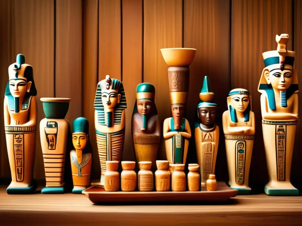 Una imagen vintage de figuras Shabti en una mesa de madera