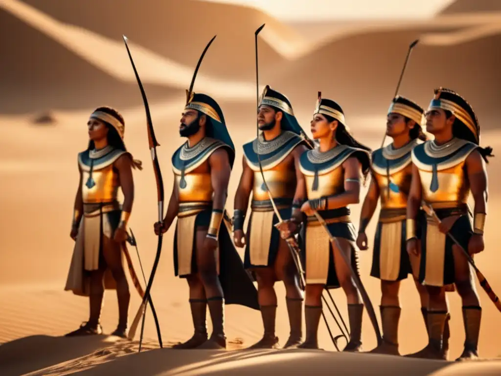 Una imagen vintage en 8k que muestra a hábiles arqueros egipcios en el vasto y árido desierto