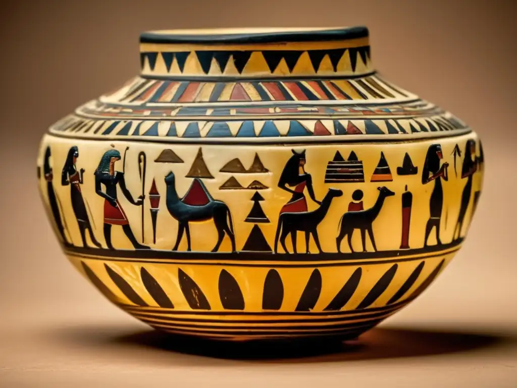 Una imagen vintage que muestra una hermosa expresión artística del Egipto Predinástico, como una figura de marfil tallada o una vasija cerámica adornada con diseños pintados