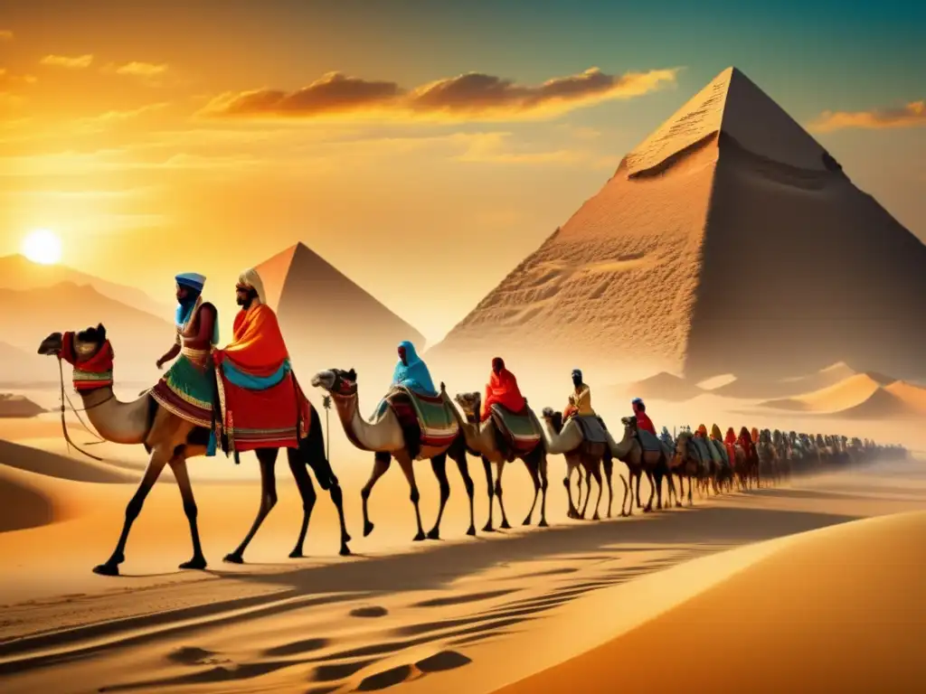 Una imagen vintage hipnotizante que captura la esencia de las rutas comerciales egipcias en tiempos antiguos