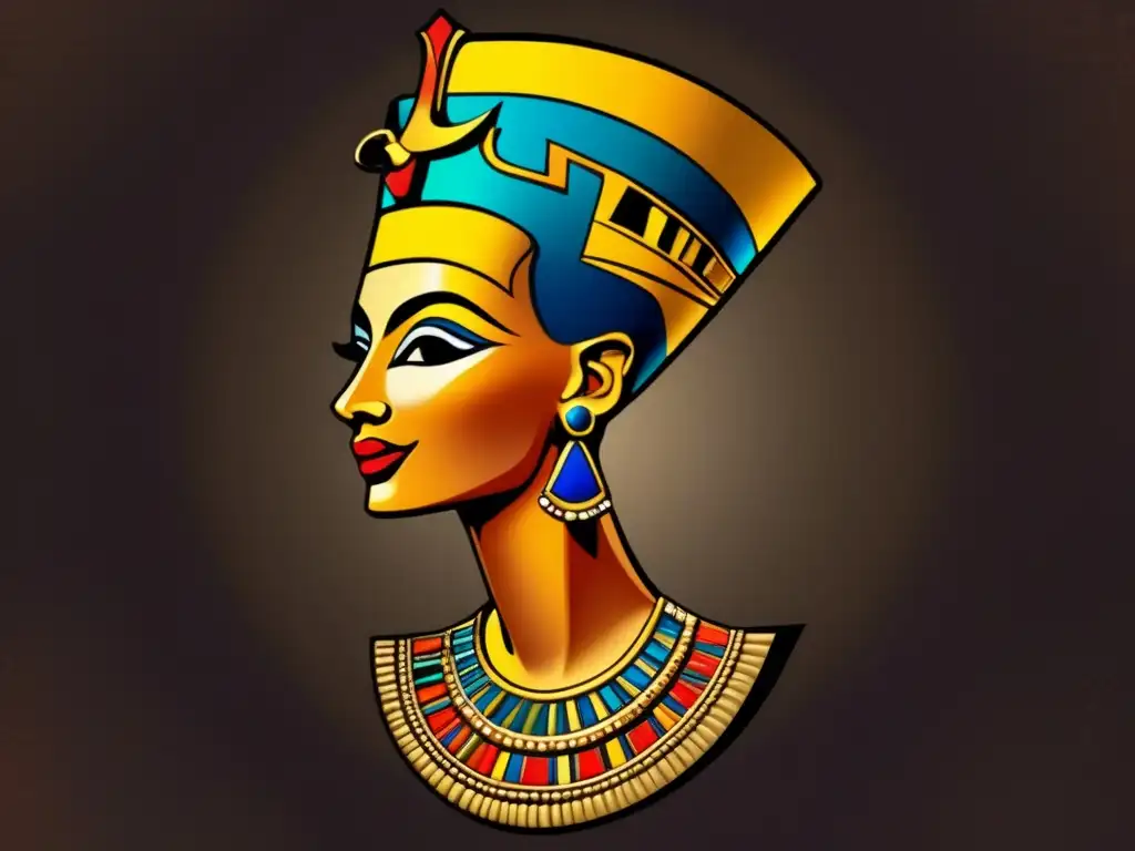 Imagen vintage de la icónica busto de Nefertiti, conservado con detalles e colores vibrantes