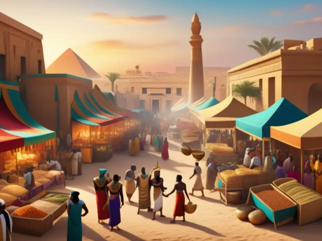 Una imagen vintage de 8k que muestra la influencia de Nubia en Egipto, con un animado mercado en el antiguo Egipto