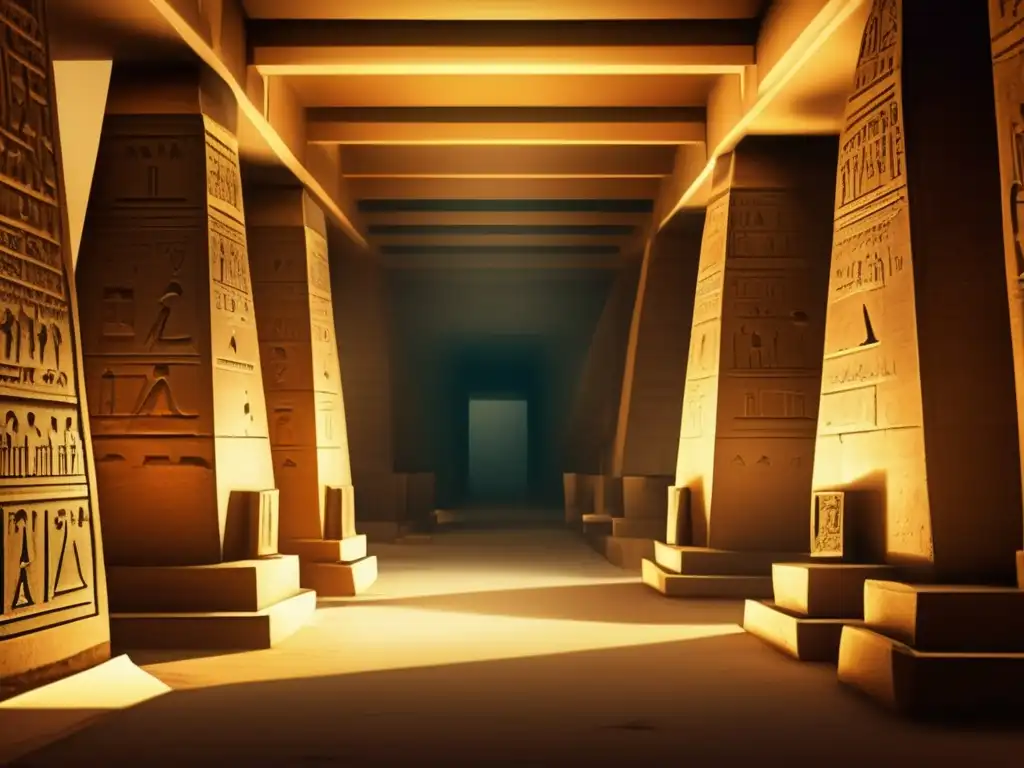 Una imagen vintage que muestra el interior de una antigua pirámide egipcia, con pasillos tenues que conducen a una cámara oculta