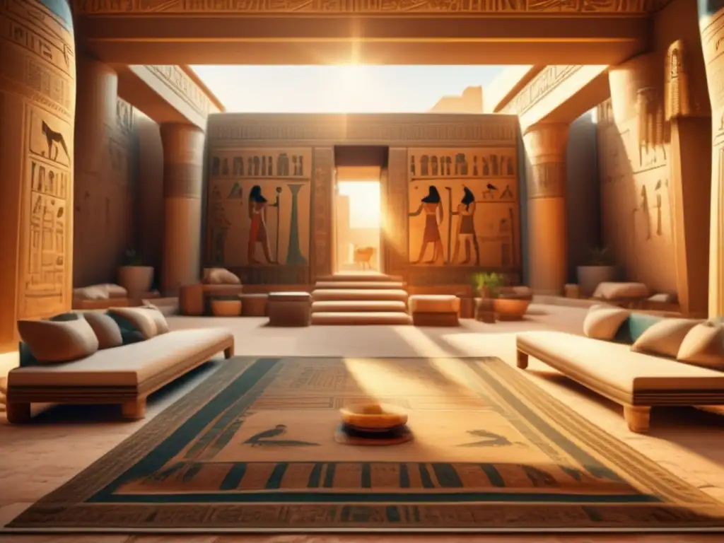Una imagen vintage en 8k muestra el interior de una casa antigua egipcia