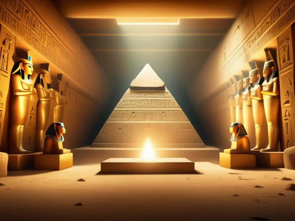 Una imagen vintage que muestra el interior de una majestuosa pirámide egipcia