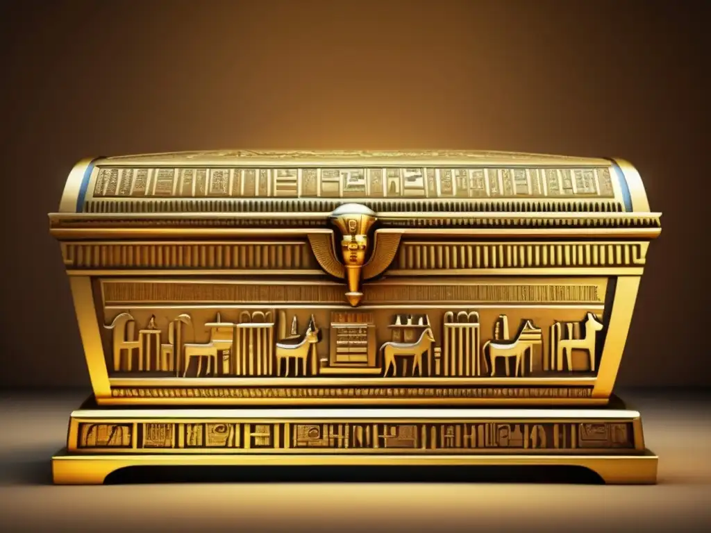 Una imagen vintage intrincada que muestra un sarcófago dorado ornamentado de la antigua civilización egipcia