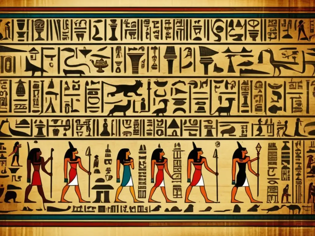 Una imagen vintage que muestra la transformación del lenguaje escrito egipcio, desde jeroglíficos hasta escritura demótica en papiro