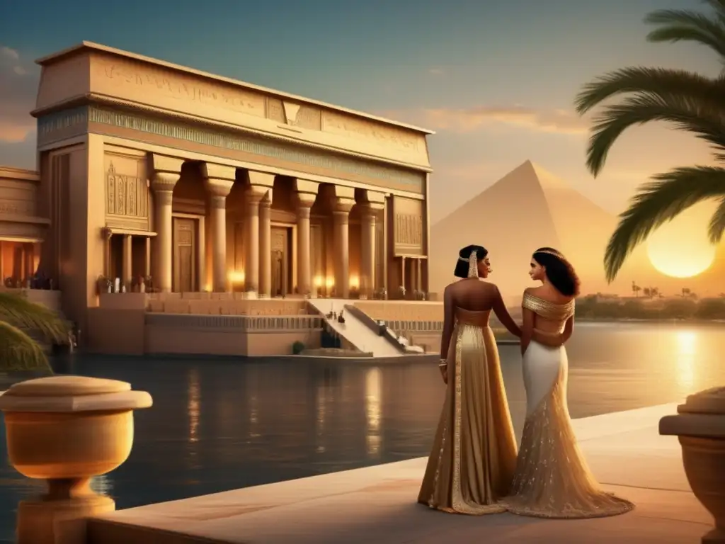 Una imagen vintage que muestra un lujoso palacio egipcio al atardecer, con el majestuoso río Nilo fluyendo frente a él