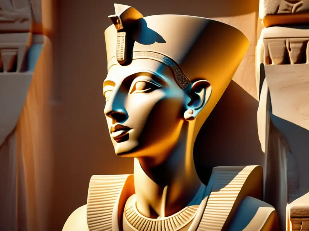 Una imagen vintage que muestra el magnífico busto del Faraón Akenatón tallado en piedra dorada