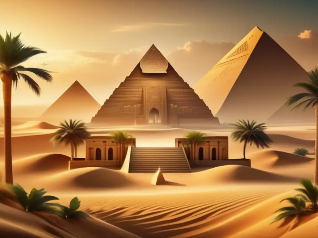 Una imagen vintage majestuosa de un templo en el oasis egipcio, rodeado de dunas doradas