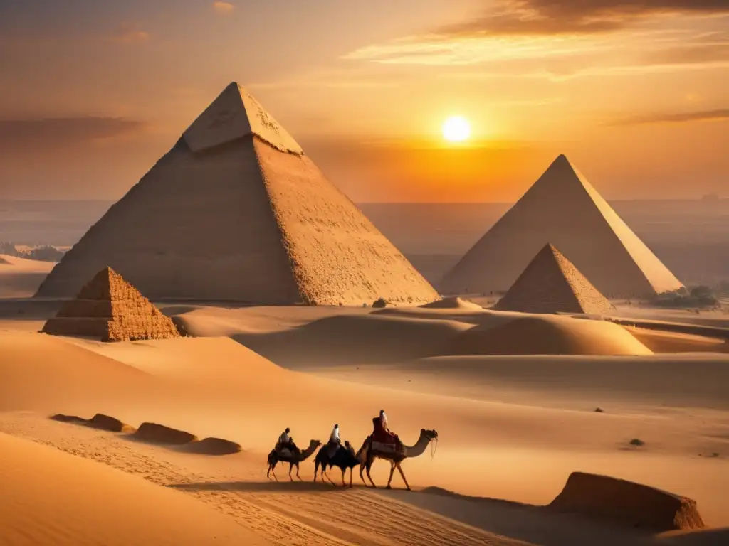 Una imagen 8K vintage que muestra las majestuosas pirámides de Giza en el atardecer egipcio dorado