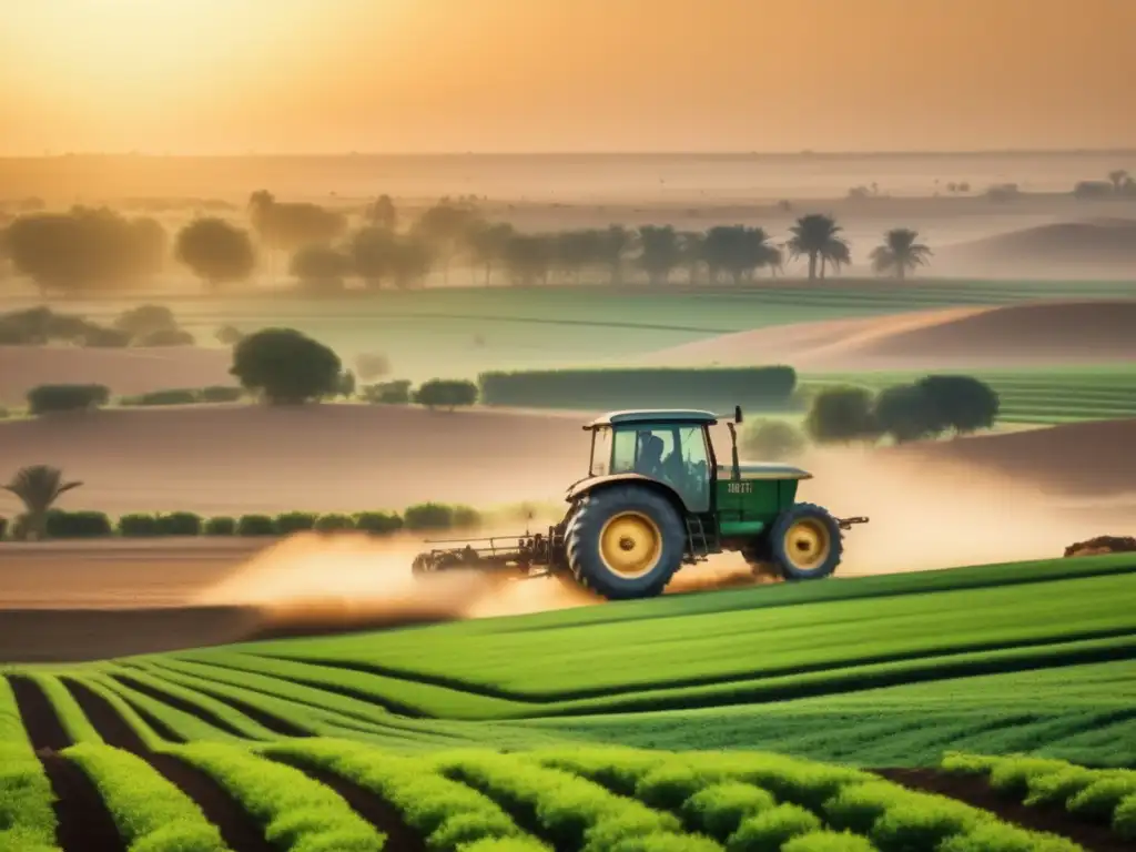 Una imagen vintage de la Revolución Agrícola en Egipto, donde la maquinaria avanzada transformó los campos verdes en un paisaje deslumbrante