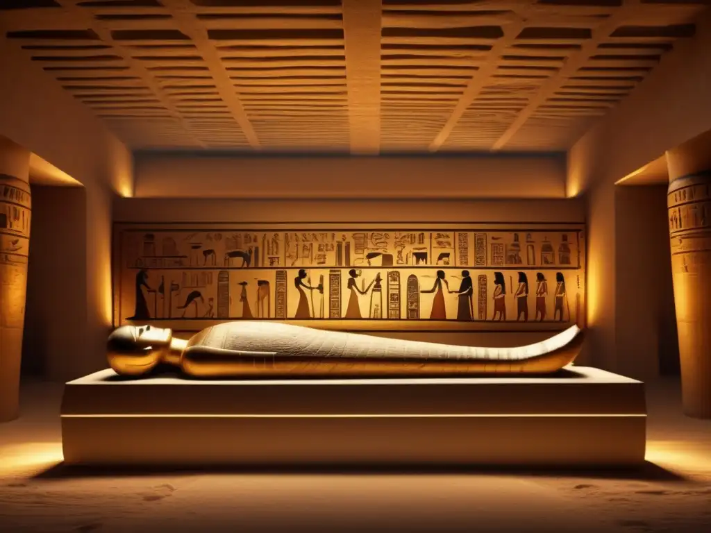 Imagen vintage de una momia que muestra las prácticas funerarias en el Antiguo Egipto con un ambiente misterioso y reverente