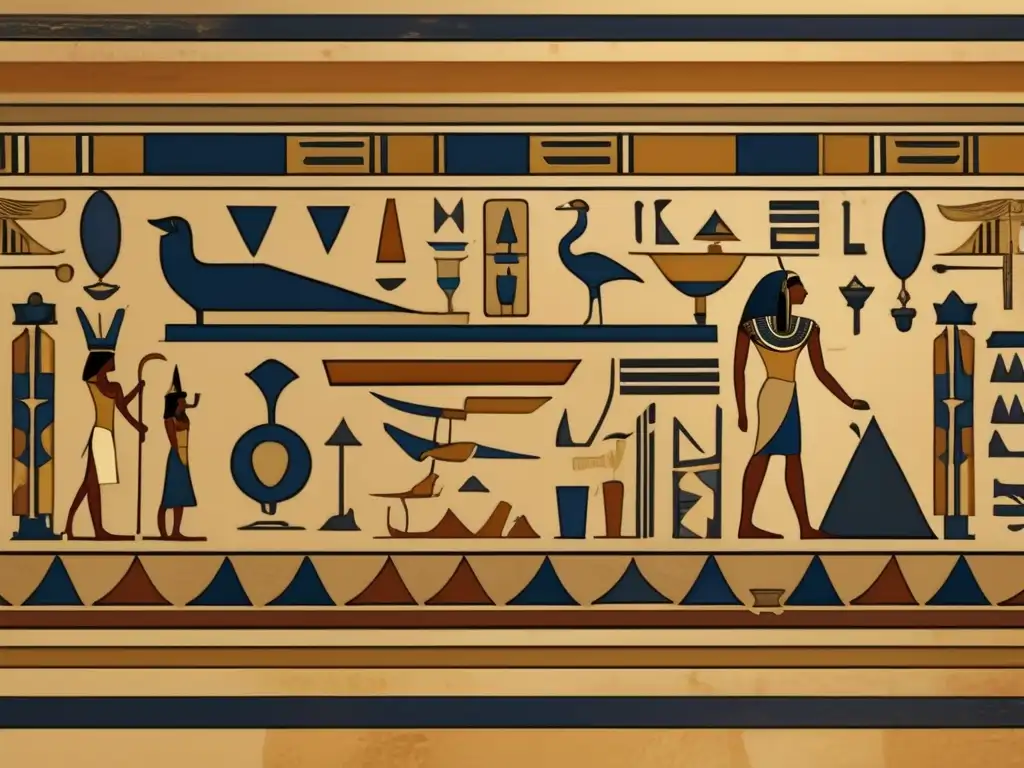 Una imagen vintage de motivos artísticos egipcios muestra un panel de jeroglíficos intrincadamente diseñado