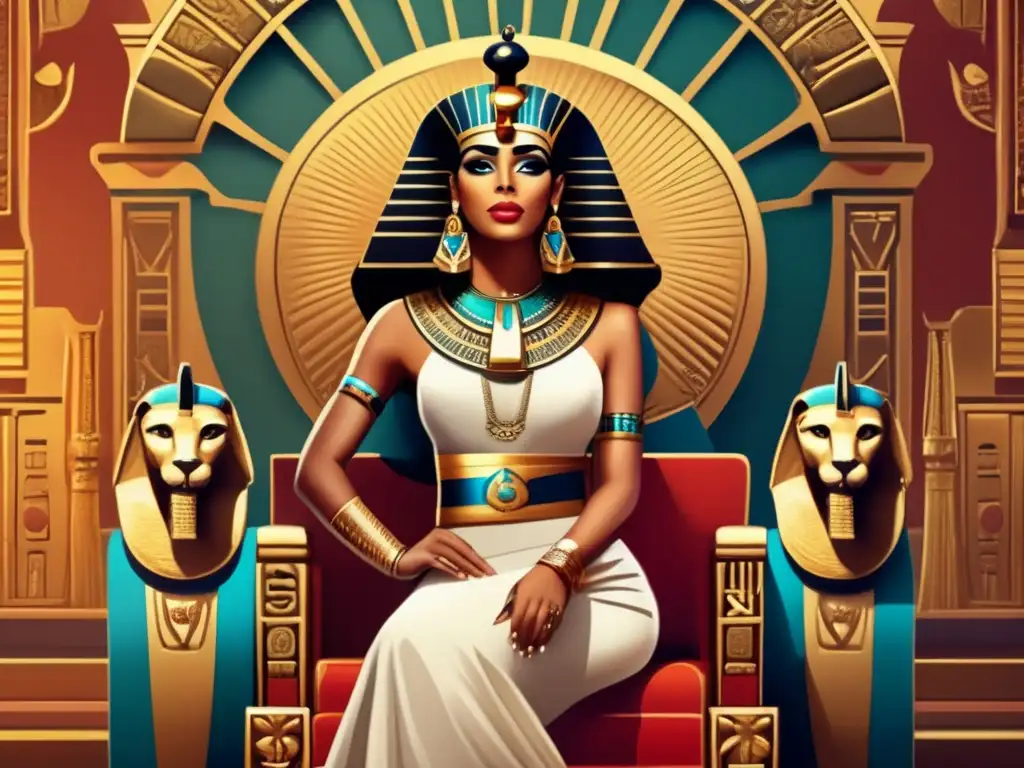 Una imagen vintage que muestra a una mujer egipcia de alta posición y poder, vestida con ropa tradicional y joyas elaboradas