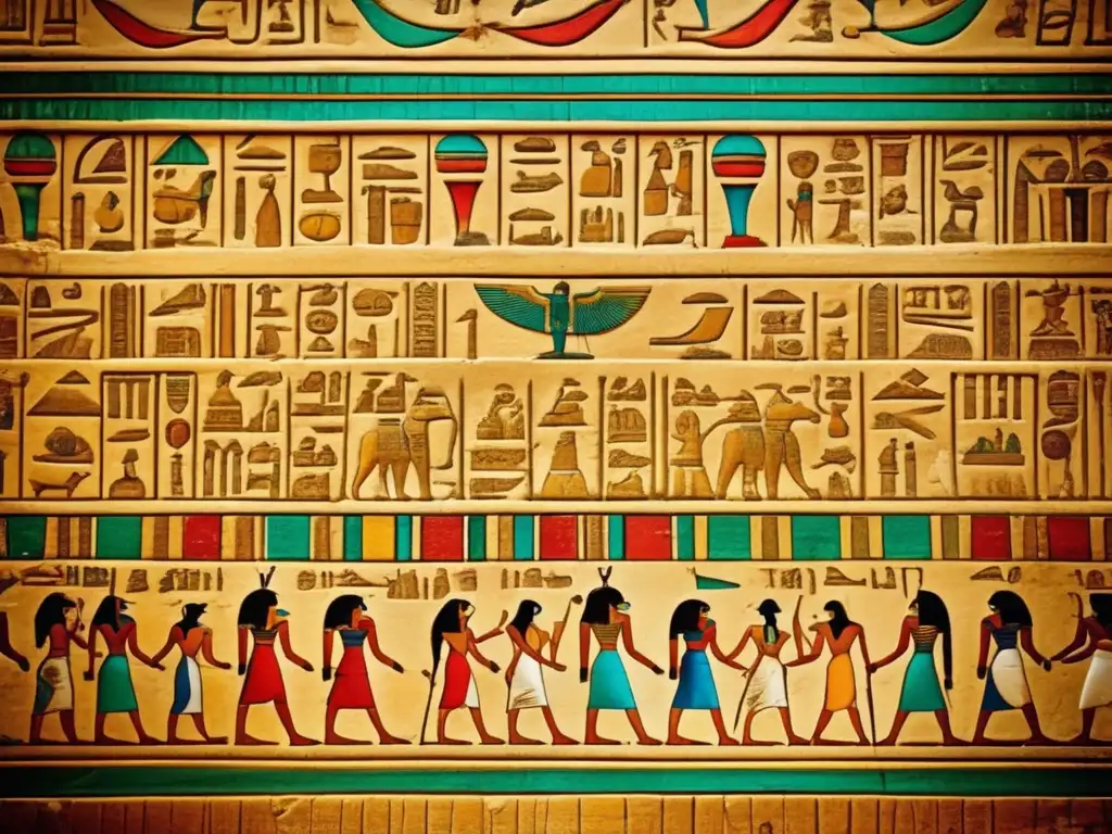 Una imagen vintage de una pared de un templo egipcio tallada intrincadamente, con jeroglíficos y colores vibrantes