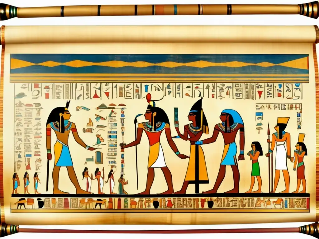 Una imagen vintage muestra un pergamino egipcio antiguo, con jeroglíficos intrincados que representan escenas religiosas