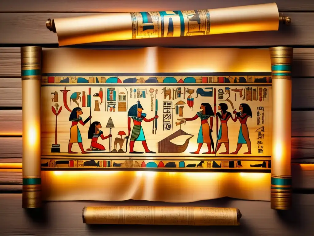 Una imagen vintage de un pergamino de papiro decorado con jeroglíficos y escenas de la mitología egipcia