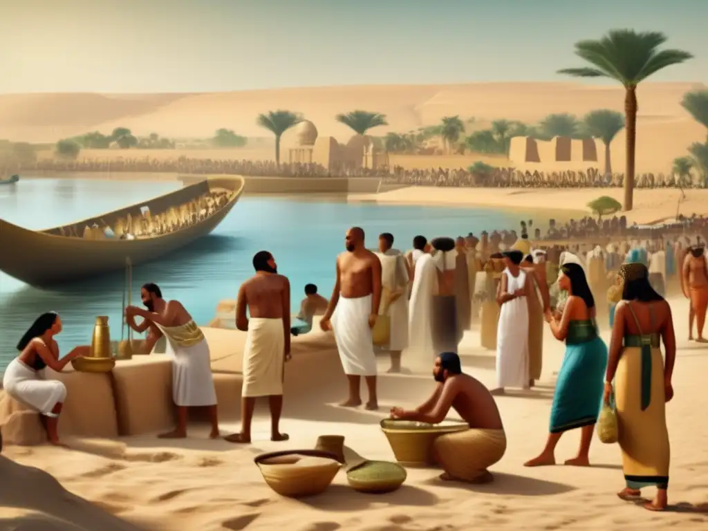 Imagen vintage de las Prácticas de limpieza en Egipto: una escena animada a orillas del río Nilo