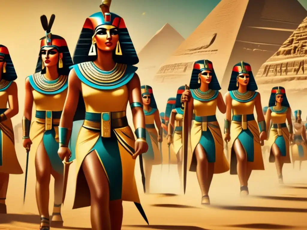 Imagen vintage de una reina guerrera del Antiguo Egipto liderando sus tropas en batalla