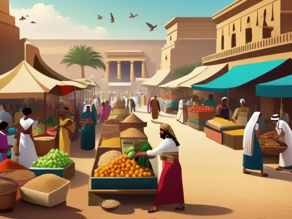 Una imagen vintage de alta resolución muestra un animado mercado en el antiguo Egipto