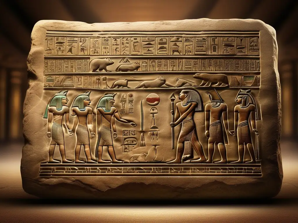 Una imagen vintage de alta resolución muestra una antigua tablilla egipcia con jeroglíficos