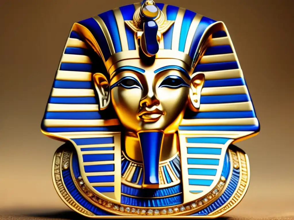 Una imagen vintage de alta resolución muestra un artefacto egipcio tallado con precisión, adornado con piedras preciosas como el lapislázuli
