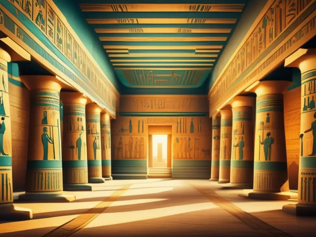 Una imagen vintage de alta resolución que muestra el interior de un antiguo templo egipcio decorado con intrincados jeroglíficos