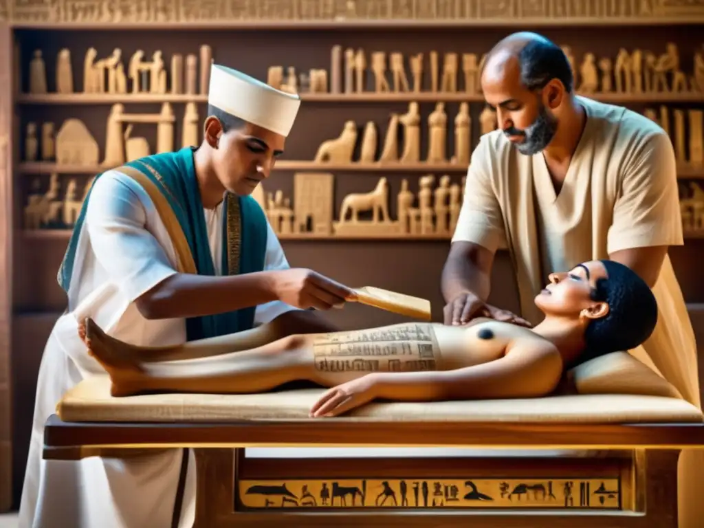 Una imagen vintage de alta resolución muestra a un médico egipcio antiguo realizando un examen médico a un paciente