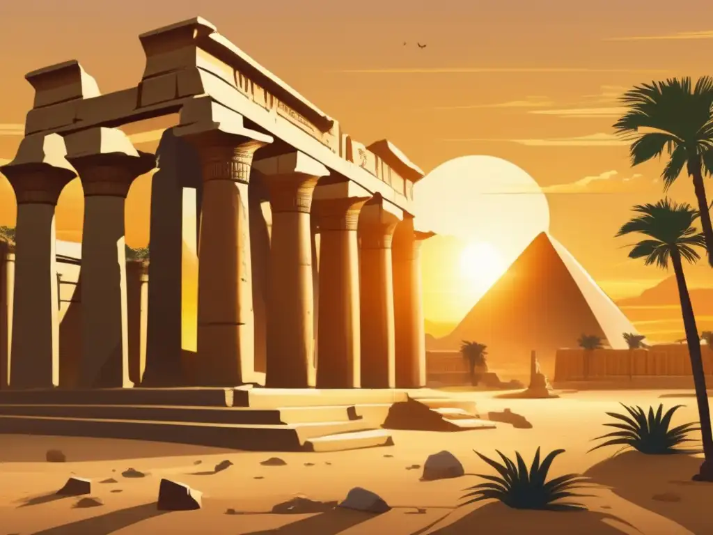 El ocaso dorado de una civilización: ruinas antiguas y un solitario testigo Una imagen vintage que retrata las ruinas de una antigua civilización egipcia, con pilares derruidos y restos de grandiosas estructuras