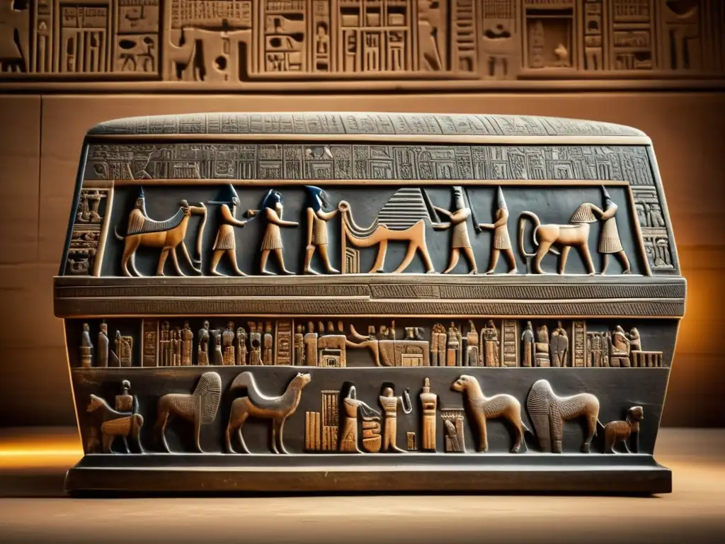 Una imagen vintage de un sarcófago antiguo de Egipto, tallado con intrincados detalles y adornado con jeroglíficos y patrones