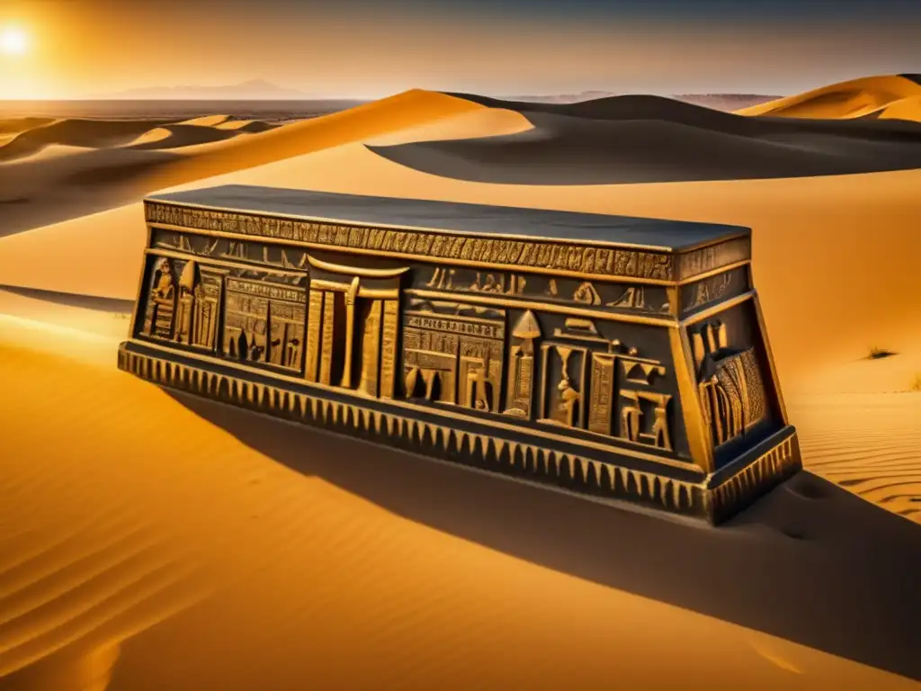 Una imagen vintage de un sarcófago egipcio tallado con intrincados jeroglíficos en un desierto dorado