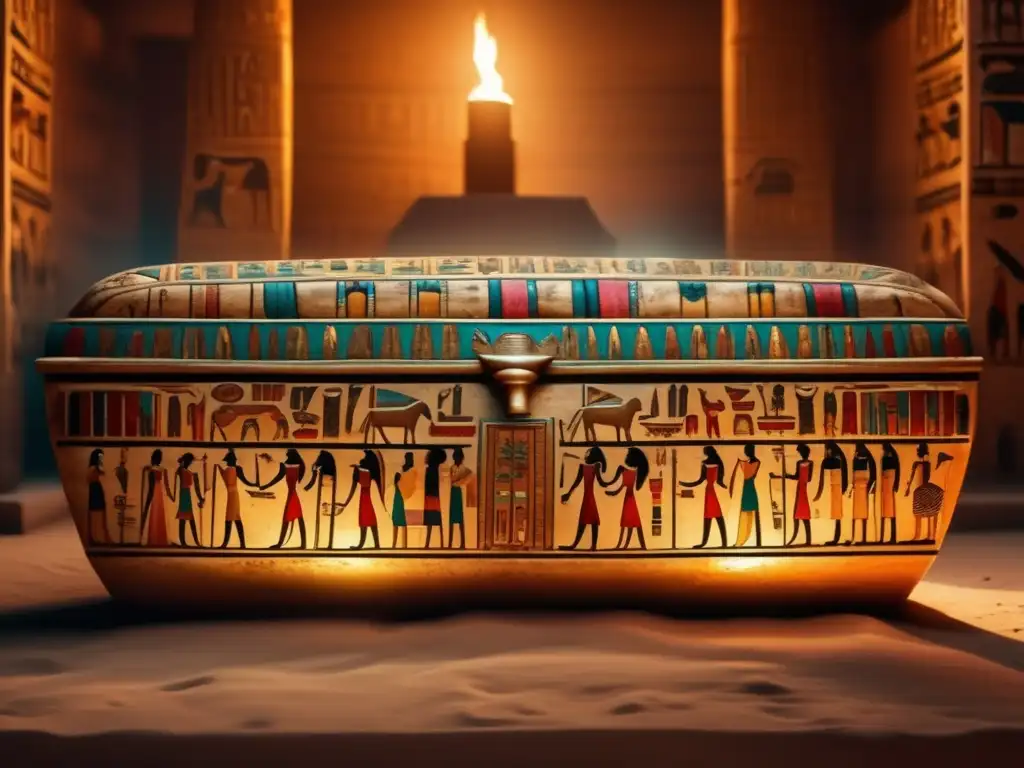 Una imagen vintage en 8k de un sarcófago egipcio antiguo decorado con intrincados jeroglíficos y pinturas coloridas